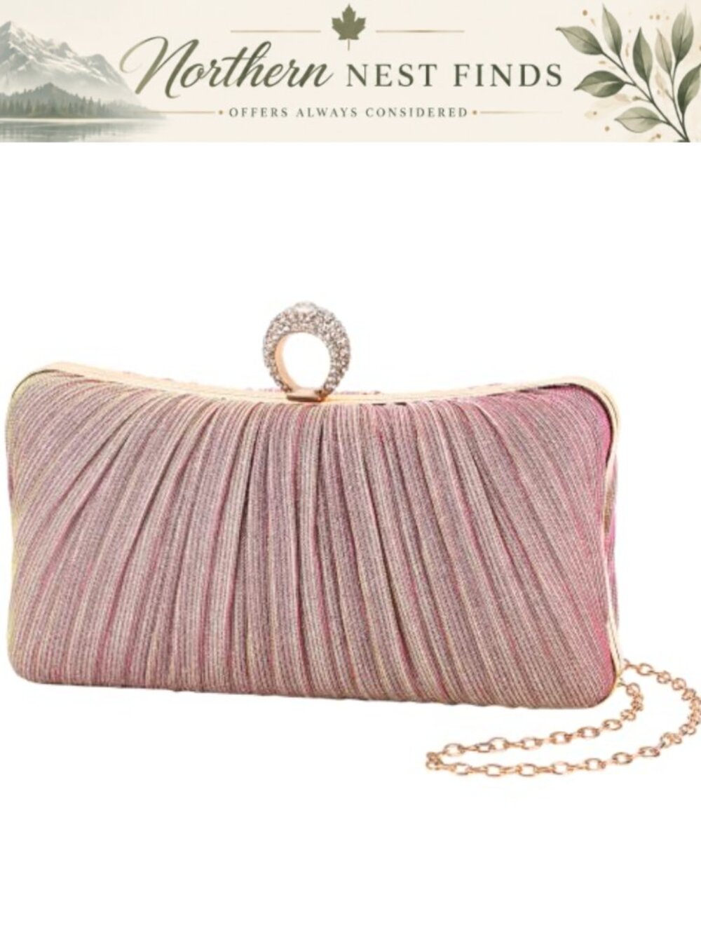 Golden Glitter Pleated Clutch Evening Bag with Rhinestone Ring